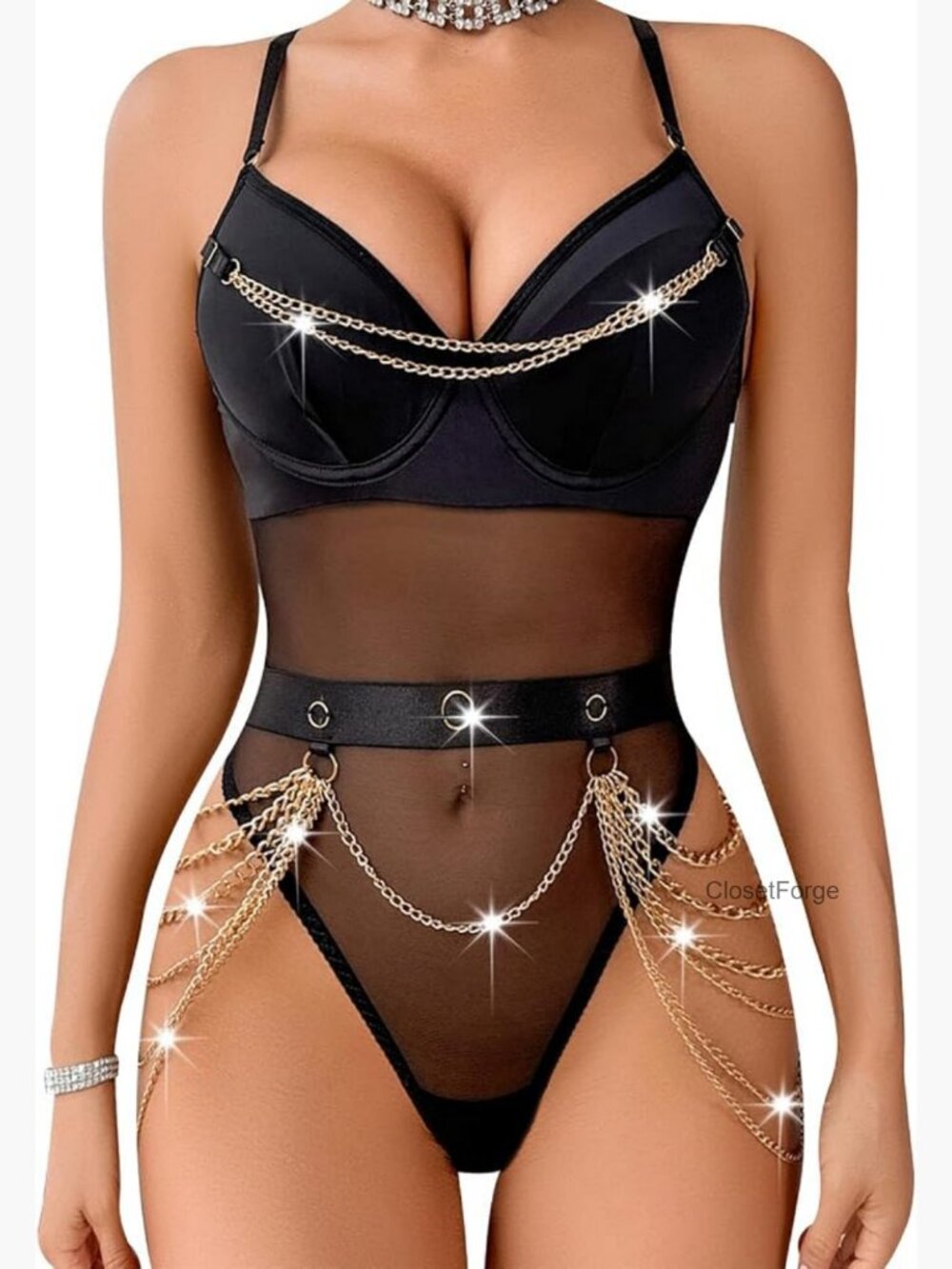 Sheer Mesh Teddy Bodysuit Underwire Lingerie with Gold Chains Snap Crotch